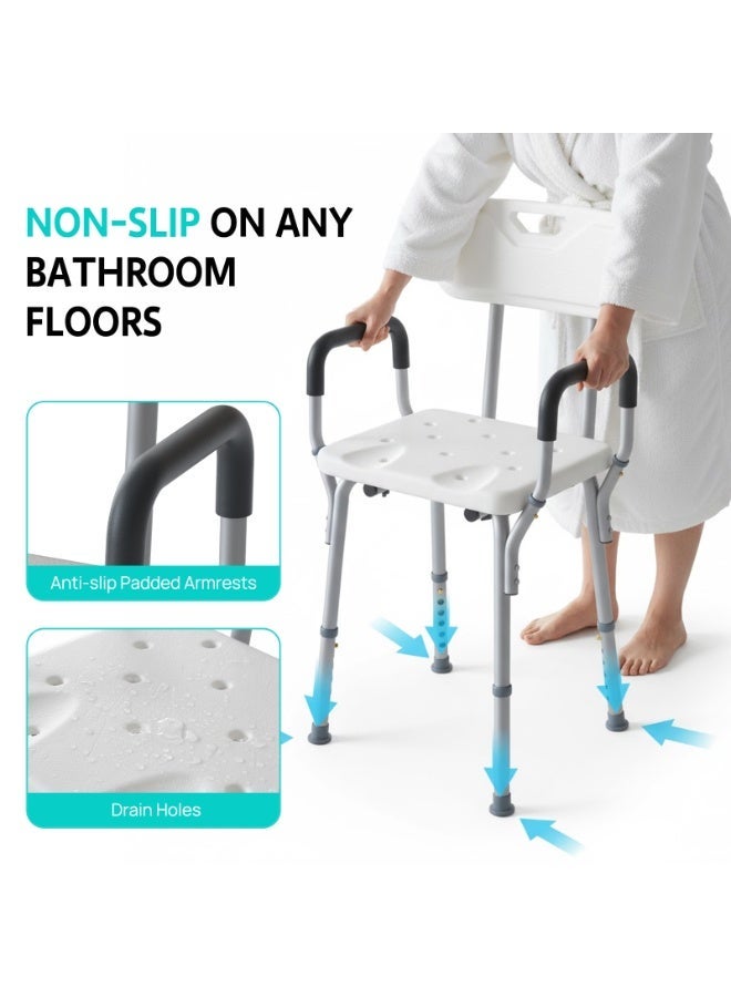 بازار بوريا كرسي استحمام PORIYA قابل للتعديل مع مقبض دعم، مقعد حمام مانع للانزلاق مع مسند ظهر وذراعين، إطار ألومنيوم خفيف الوزن، تركيب بدون أدوات، 6 مستويات ارتفاع، يتحمل حتى 136 كجم - Image 3